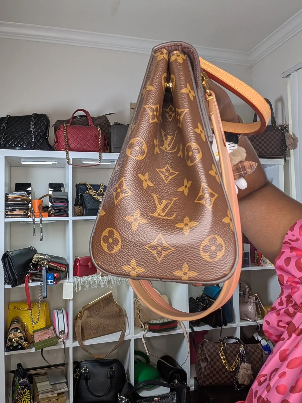 Louis Vuitton Clunny Brown Monogram Canvas Satchel with Pink-Tan Strap